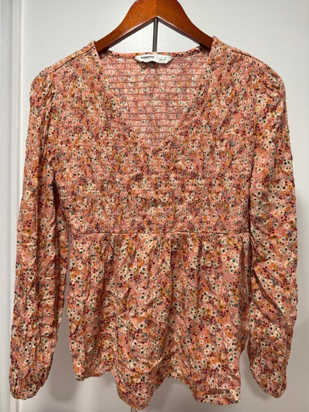 SONOMA Smocked Floral Peasant Blouse Women Size S Long Sleeve V Neck